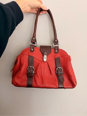 Valentina Genuine Leather Handbag Red-Orange with Brown Trim